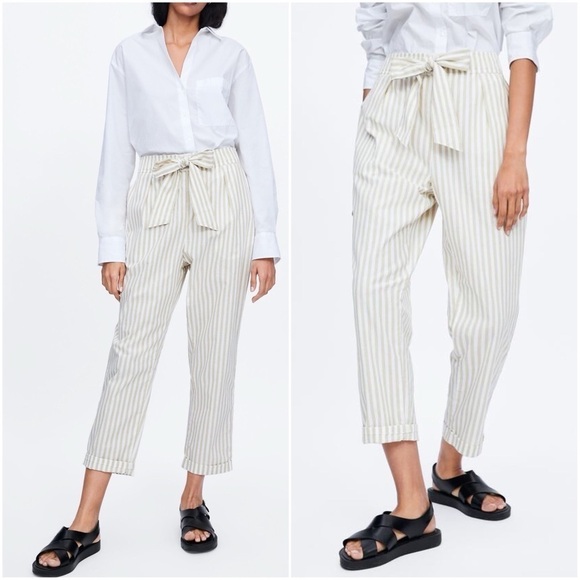 Zara • white tan neutral striped ankle pants with tie belt - Picture 1 of 13